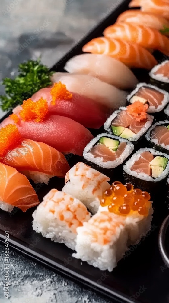 A delicious and beautifully presented platter of assorted sushi rolls and nigiri, ready to enjoy. A delicious and beautifully presented platter of assorted sushi rolls and nigiri, ready to enjoy.