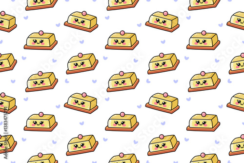 Seamless pattern with cute kawaii vector yellow covered butter dish with woody elements. Illustration isolated on white background. Wooden kawaii adorable kitchen equipment, kitchenware	