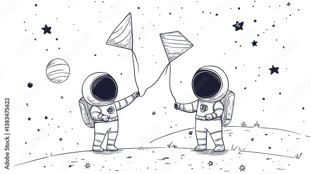 Obraz premium Astronauts flying kites in space