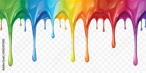 realistic multi or rainbow colour liquid paint dripping down isolated on white background