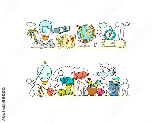 Geography science and school lesson concept. Travel poster with hand drawn people on mountains with spyglass, compass, hot air balloon and road guidepost. Vector doodle illustration