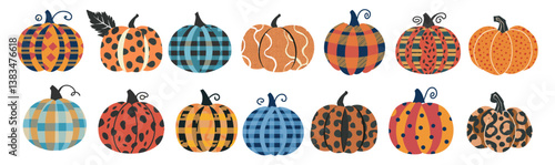 A collection of pumpkins with different patterns and colors. Concept of warmth and coziness, as pumpkins are often associated with autumn and fall. The variety of patterns
