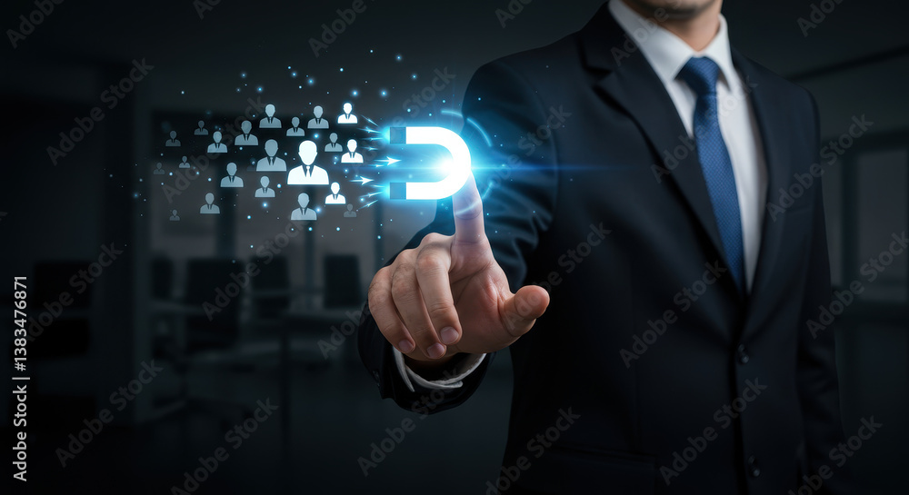 Attract Customers: Businessman Magnetizing Clients. Digital Marketing, Lead Generation Strategy. Grow Your Business with Powerful Concepts Attract Customers: Businessman Magnetizing Clients. Digital Marketing, Lead Generation Strategy. Grow Your Business with Powerful Concepts