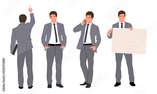 Set of Businessman character in different poses sitting, standing. Young handsome man wearing formal office suit, holding briefcase, using phone, pointing. Vector realistic illustrations isolated.