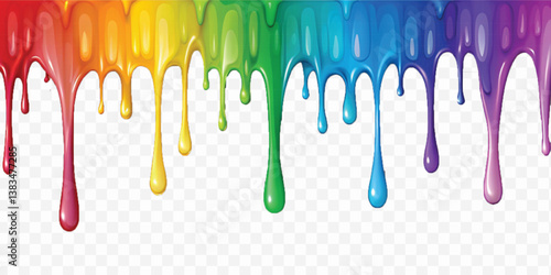 realistic multi or rainbow colour liquid paint dripping down isolated on white background