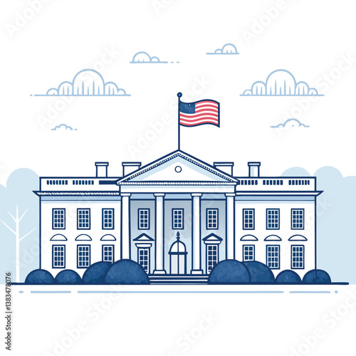 
White House vector illustration with American flag, showcasing a patriotic, colonial-style facade in a blue and white minimalist design with clean lines, subtle shading, and simplified clouds.