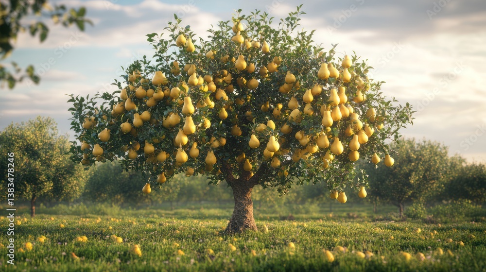 Fototapeta premium Abundant pear tree orchard sunset harvest