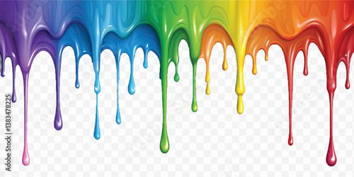 realistic multi or rainbow colour liquid paint dripping down isolated on white background