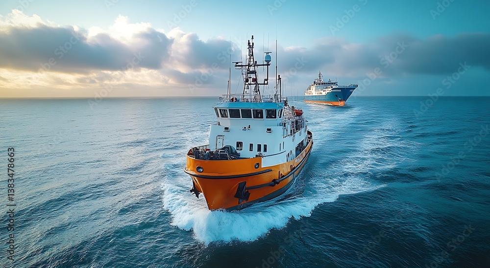 Pilot Boat Cutting Through Waves With Freighter In Background,Open Water Scene