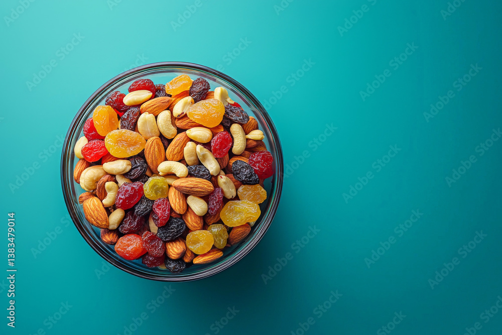 Top view of ceramic bowl filled with assorted nuts and dried fruits. Mixed almonds, cashews and raisins nuts on blue background. Healthy snack concept