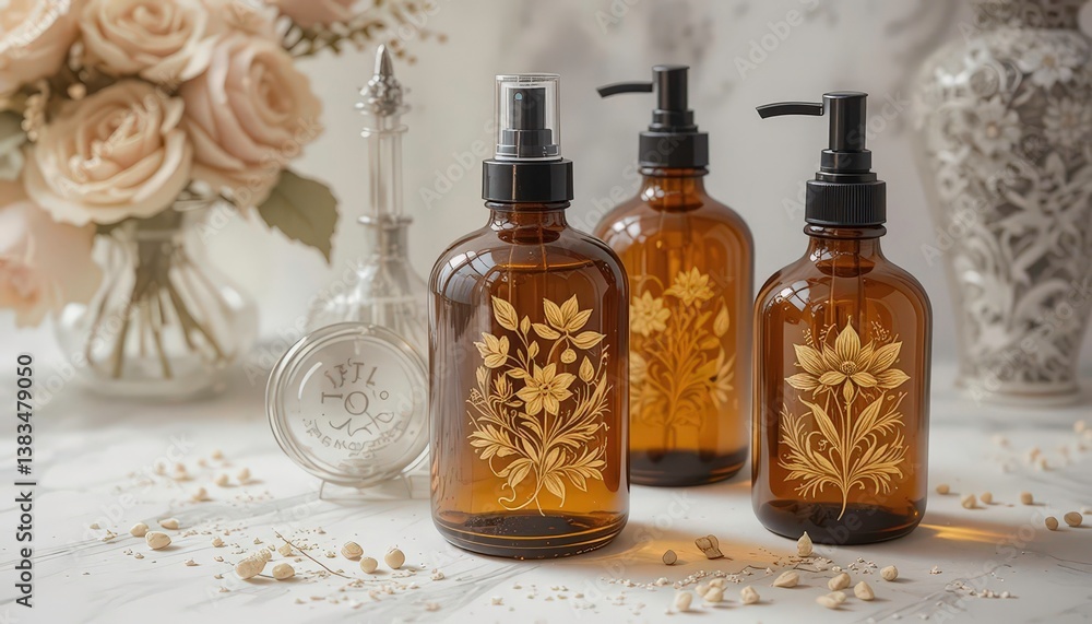 Victorian Etched Amber Bottles with Botanical Accents Victorian Etched Amber Bottles with Botanical Accents