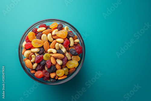 Obraz na płótnie Top view of ceramic bowl filled with assorted nuts and dried fruits. Mixed almonds, cashews and raisins nuts on blue background. Healthy snack concept w salonie