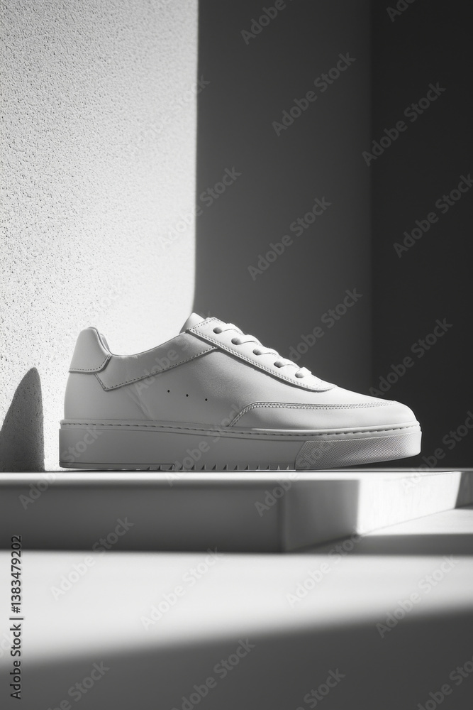 Trendy sneaker on steps with geometric background. Stylish fashion concept in minimalist style