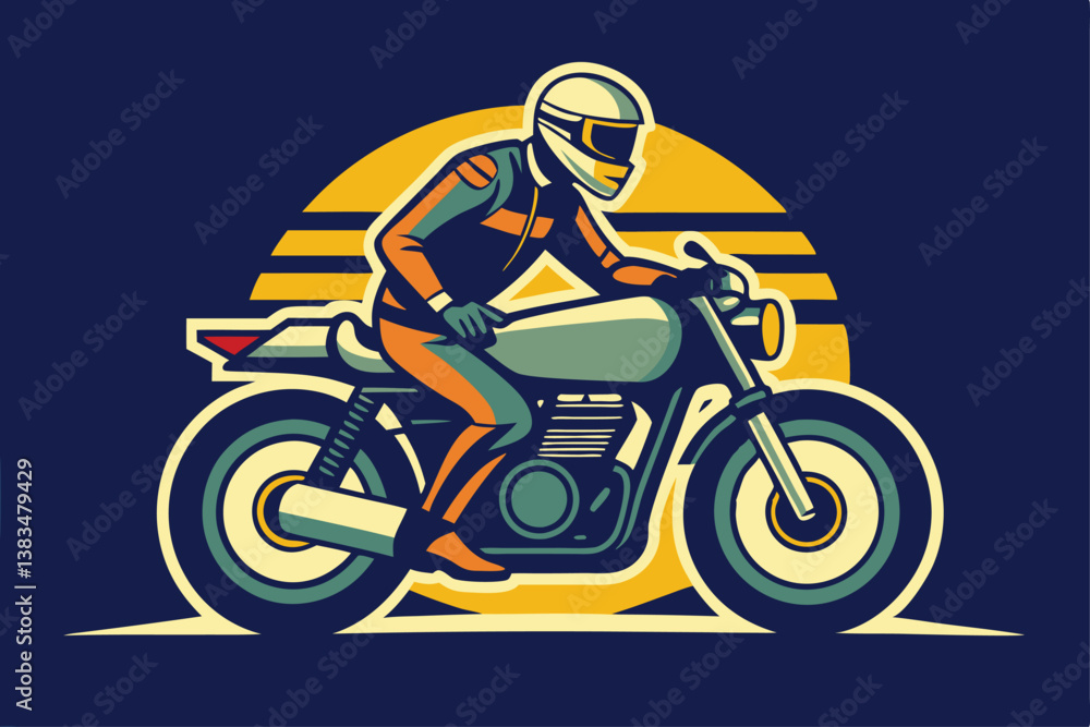 Stylized Biker on Classic Motorcycle with Retro Sun over a Dark Blue Backdrop Stylized Biker on Classic Motorcycle with Retro Sun over a Dark Blue Backdrop