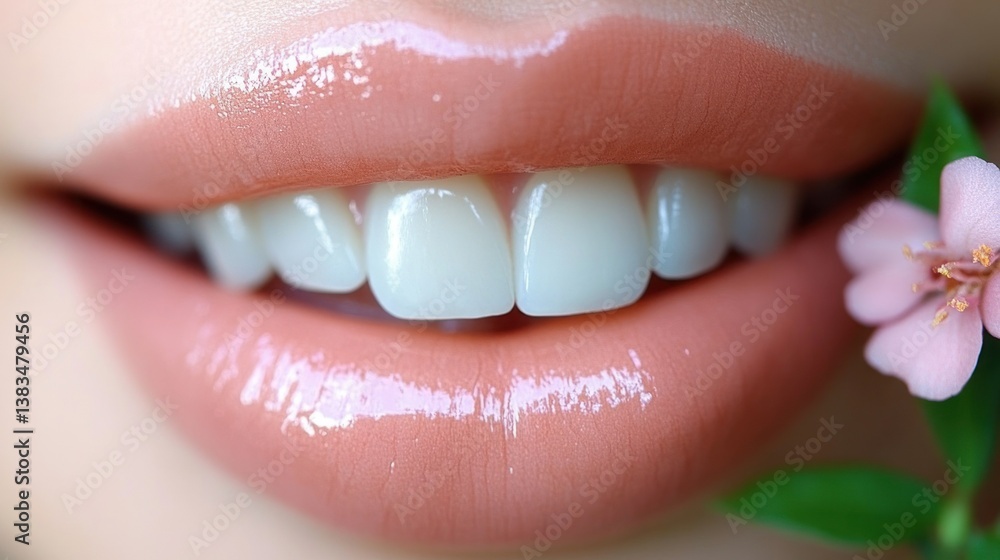Closeup Woman's Perfect Smile with Pink Flower Closeup Woman's Perfect Smile with Pink Flower