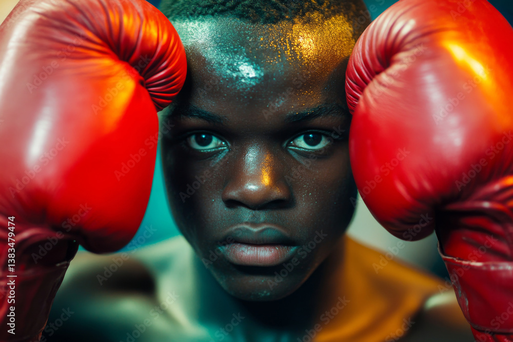 Close-up of young male boxer with red boxing gloves looking at camera