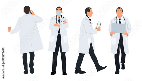 Male doctor character set with different poses, views full length. Confident healthcare professional wearing lab coat, mask, stethoscope, holding tablet, laptop, phone. Vector illustration isolated.