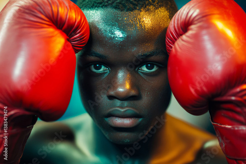 Obraz na płótnie Close-up of young male boxer with red boxing gloves looking at camera w salonie