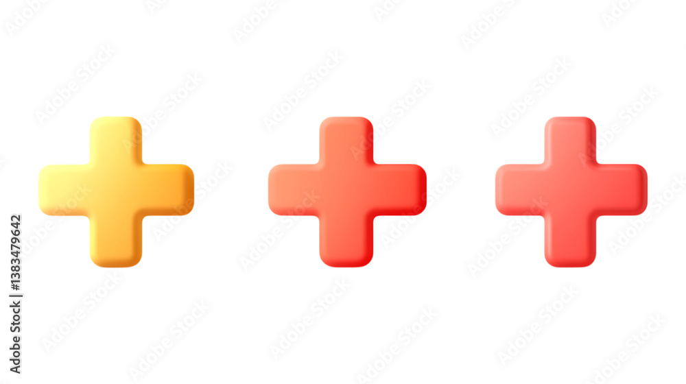 Obraz premium Three colorful plus signs in shades of yellow and red are geometrically arranged on a bright transparent background for conceptual use.