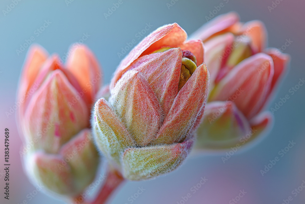 Macro shot of blooming flower buds with pink and green hues against blurred background