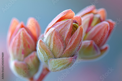 Macro shot of blooming flower buds with pink and green hues against blurred background