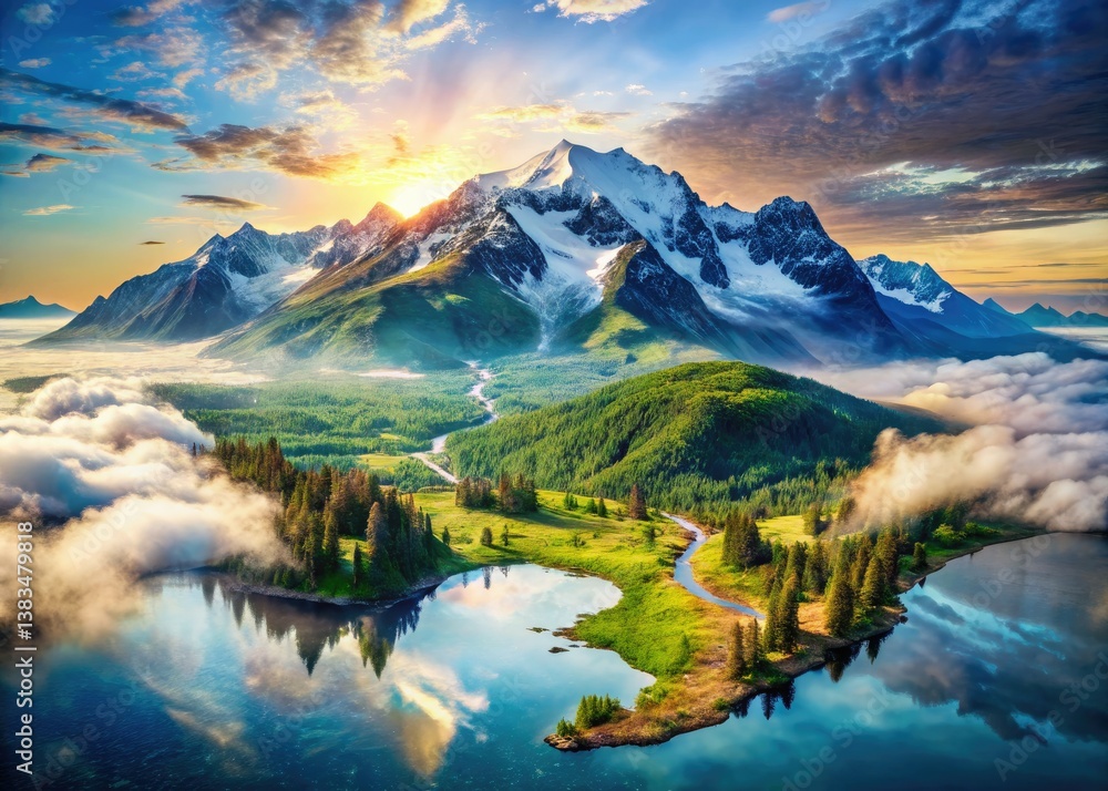 Obraz premium Dramatic Alaska land map: double exposure artistry combines aerial views and geographic points for captivating imagery.