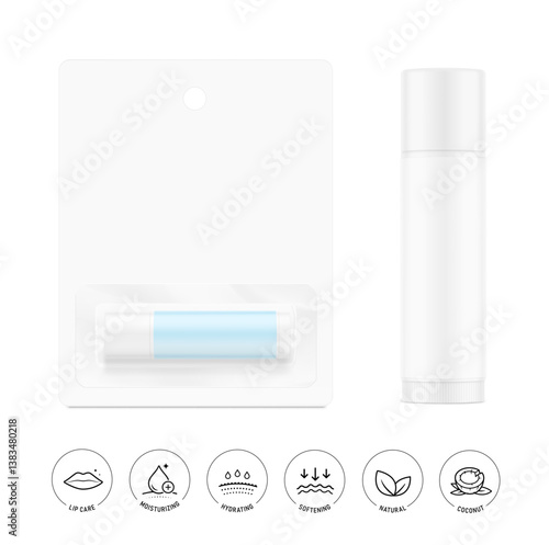 Lipstick care mockup with hang blister packaging with set icons. Front view. Vector illustration isolated on white background. Can be use for your design, advertising, promo and etc. EPS10.
