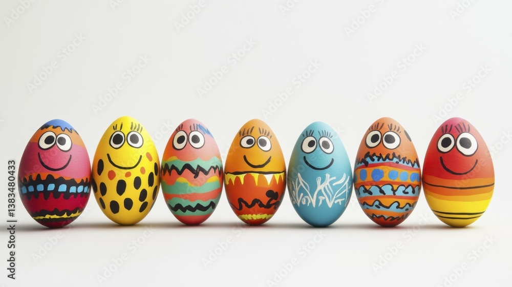 Cheerful row of colorful painted Easter eggs with smiley faces on white background Cheerful row of colorful painted Easter eggs with smiley faces on white background