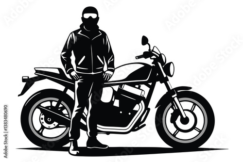Biker in Masked Balaclava with Motorcycle Silhouette Isolated 