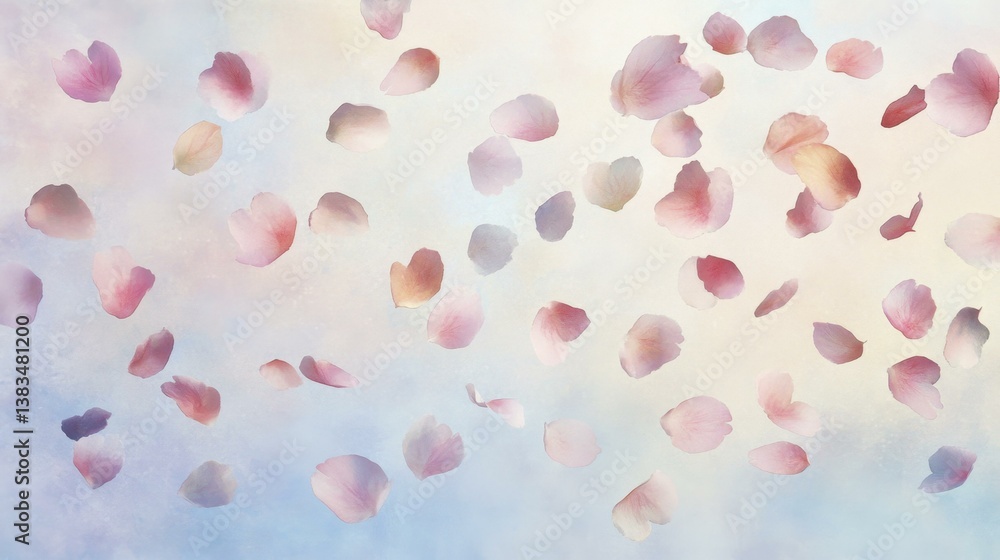 Delicate pink flower petals softly falling on light blue and beige dreamy floral background Delicate pink flower petals softly falling on light blue and beige dreamy floral background
