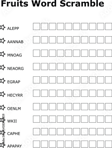 A printable fruit word scramble worksheet featuring jumbled fruit names. Solve the anagrams to reveal the fruits. Great for kids and educational activities.