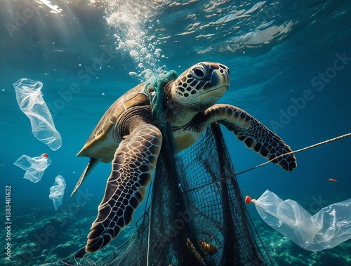 Marine Life Endangered: Turtle Caught in Fishing Net and Plastic Bags