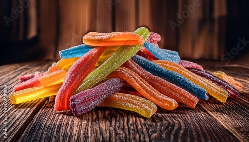 Colorful sugar-coated gummy candy sticks piled on rustic wooden table stick
