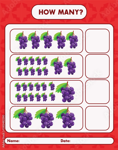 How many grapes worksheet for kids preschool kindergarten counting practice learning activity printable