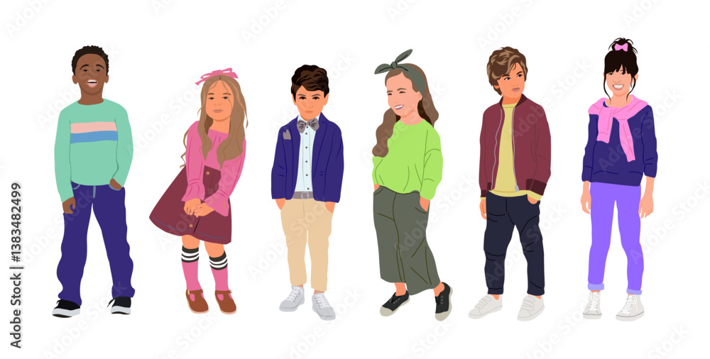 Obraz premium Set of different Kids flat vector realistic illustrations. Multiracial group of children in modern casual clothing. Modern elementary, middle school students, kindergarten pupils cartoon characters.