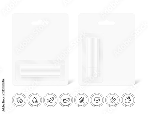 Lipstick care mockup with hang blister packaging with set icons. Front view. Vector illustration isolated on white background. Can be use for your design, advertising, promo and etc. EPS10.