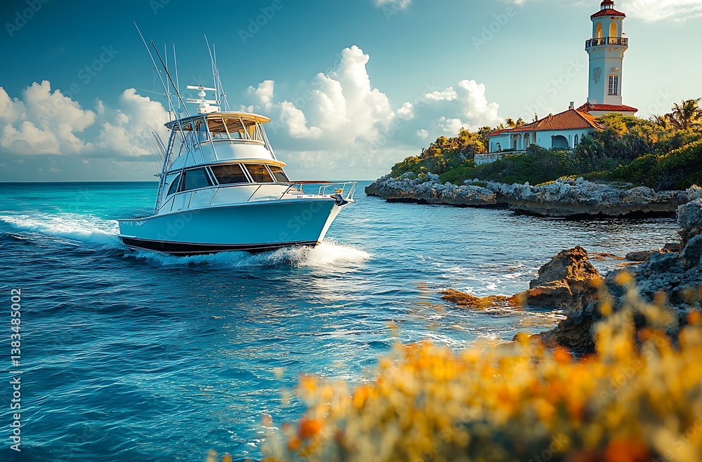 Obraz premium Luxury Boat Sailing On Turquoise Water Near Coastal Lighthouse On A Sunny Day