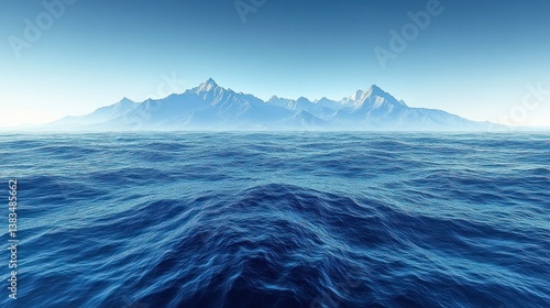 Calm ocean meets distant misty mountains