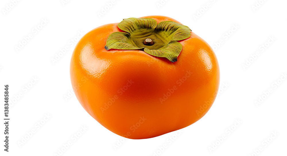 A single ripe persimmon fruit with green leafy stem on a plain black background in a studio shot A single ripe persimmon fruit with green leafy stem on a plain black background in a studio shot