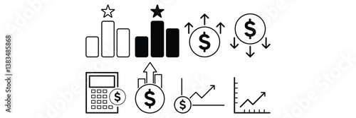 Bar graph, share market, dollar, invest, account, savings icon set. Different black and outlined analytics, scale, calculator, reward, star bar, growth and downfall sign collection illustration.