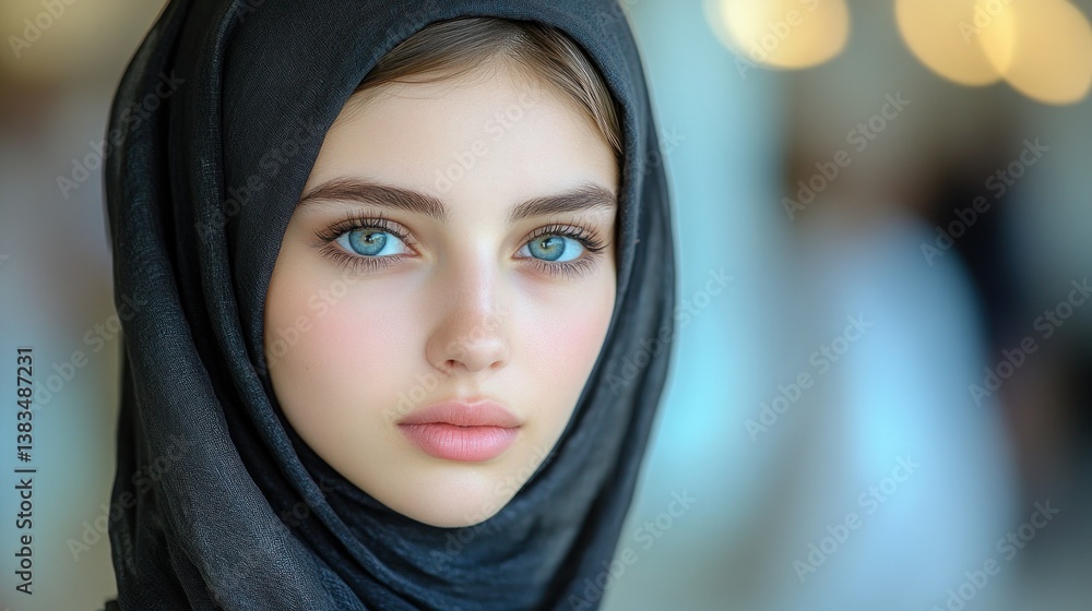 Beautiful woman in hijab, close-up portrait, blurred interior background Beautiful woman in hijab, close-up portrait, blurred interior background