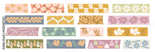 Washi tapes Abstract Flowers collection. Colorful scrapbook stripes, sticky label tags, decorative scotch strip with floral abstract elements. Border elements, digital stickers vector illustration.