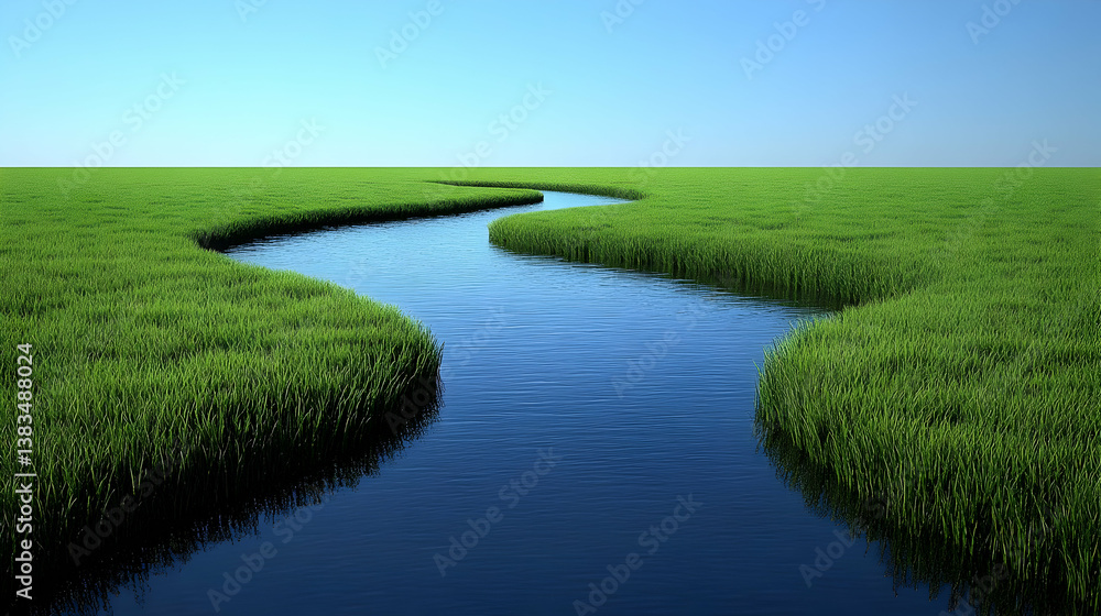 Serene 3D Grassland River Illustration Serene 3D Grassland River Illustration