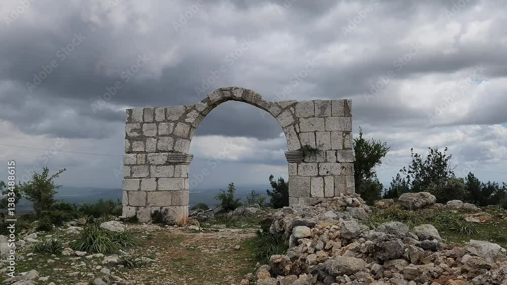 The 5th-century arched Victory Gate (or Border Gate to Cilicia region) on the ancient Cilicia Road in Saglikli neighborhood of Tarsus, Mersin in a rainy spring day.