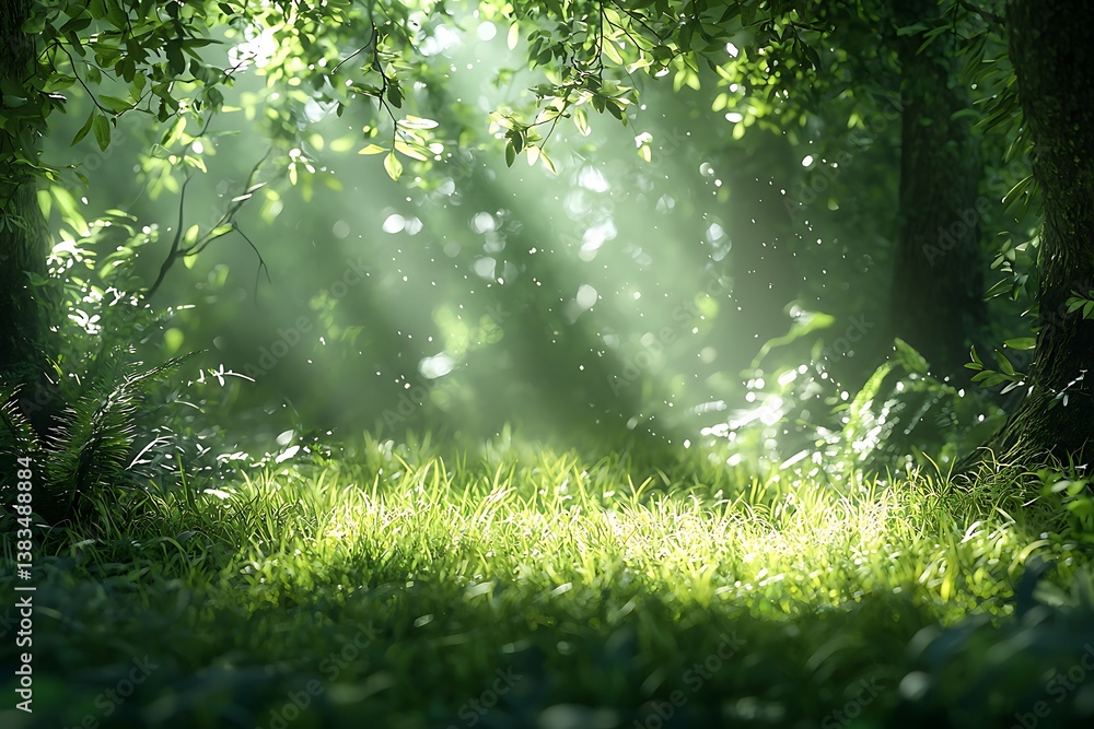 Fototapeta premium A peaceful forest clearing with a soft grass bed and dappled light breaking through.