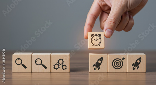 Time Management Success: Boost Productivity with Strategic Planning & Goal Setting. Wooden Blocks Illustrate Efficiency and Achievement!