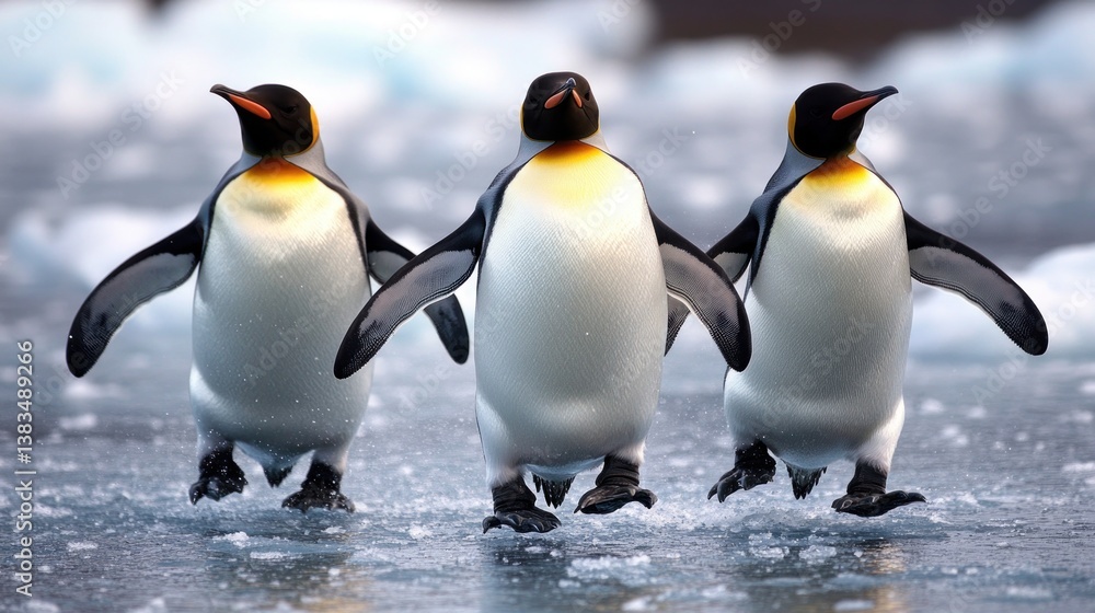 Fototapeta premium Three penguins waddle across icy terrain