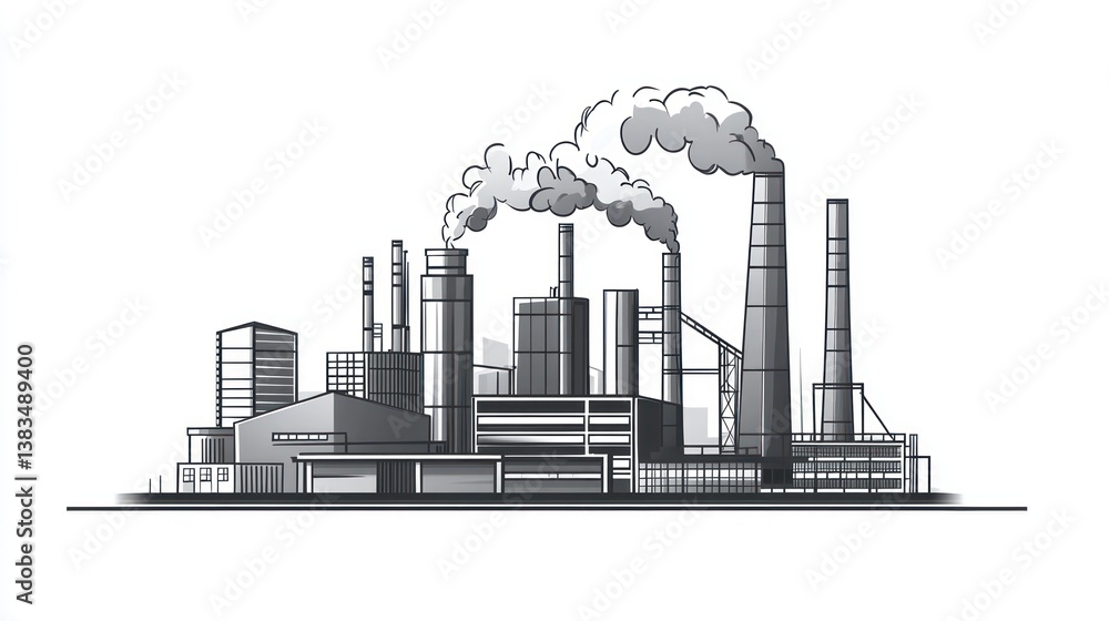 Fototapeta premium Industrial complex, monochrome drawing, smoke stacks, factory buildings
