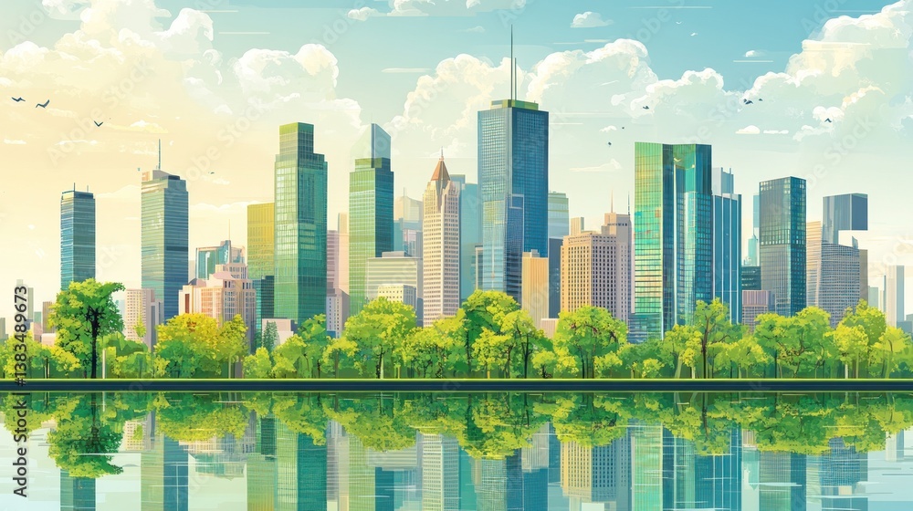 Obraz premium New York City skyline reflected in placid lake, park in foreground, sunrise