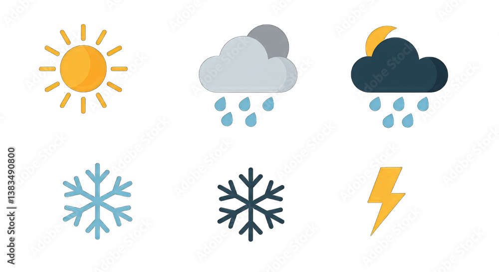 Minimal Weather Icons: Sun, Cloud, Rain, Snowflake, Flat Vector Set Minimal Weather Icons: Sun, Cloud, Rain, Snowflake, Flat Vector Set